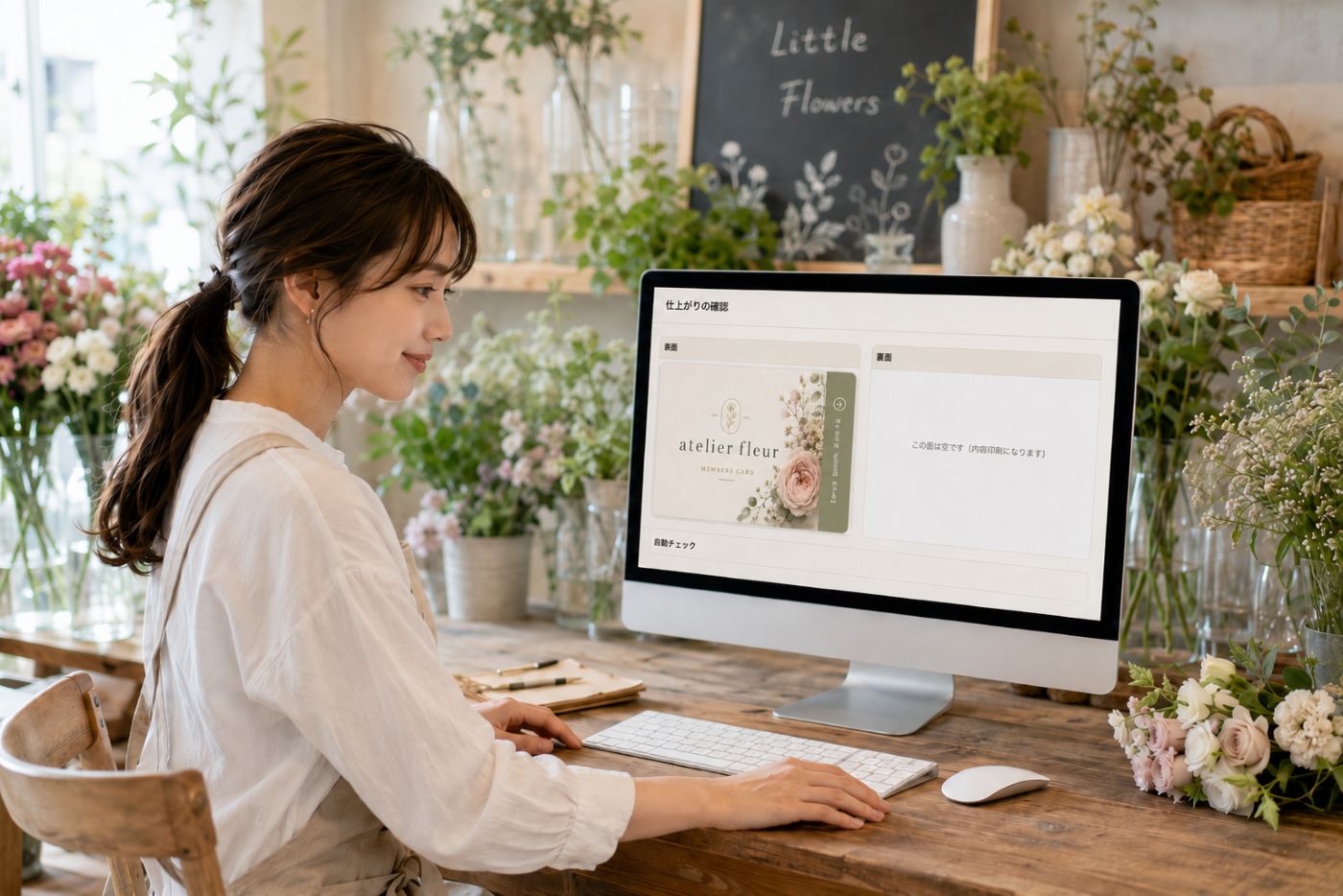 女性が画像をアップしてカードを作成するイメージ