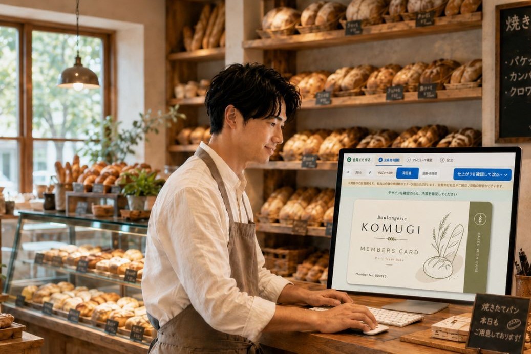 男性が画像をアップしてカードを作成するイメージ